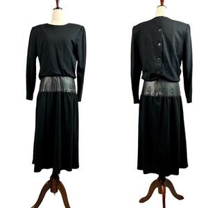 Vintage 80s Samuel Blue Jersey Wool Dress Leather Trimmed Waist Made in USA